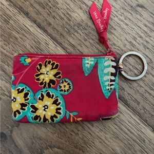 Vera Bradley Red Floral Zip Key Pouch with Teal Leaves